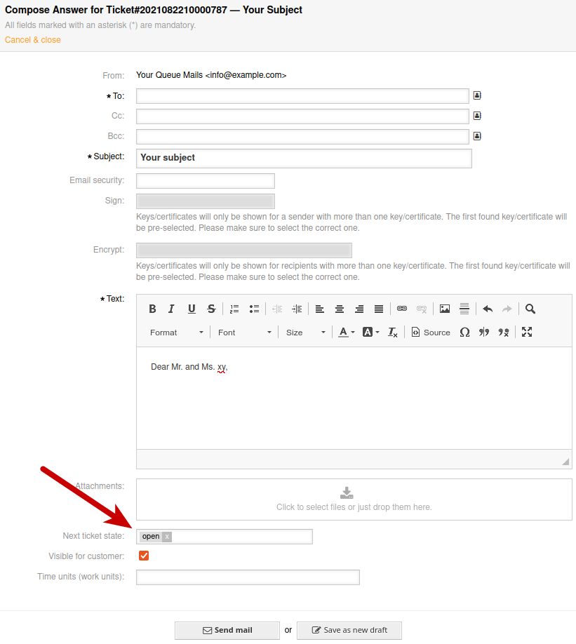 The next state on Ticket compose in Znuny, OTRS and OTOBO